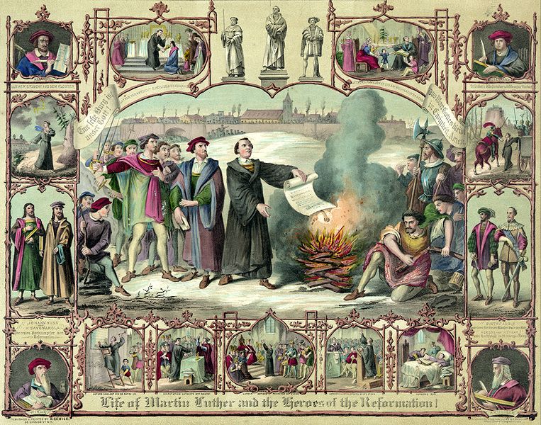 Martin Luther burning a Papal bull of excommunication and other events of his life. (Image courtesy of the Library of Congress)